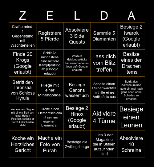Zelda Bingo of the Wild Bingo Card
