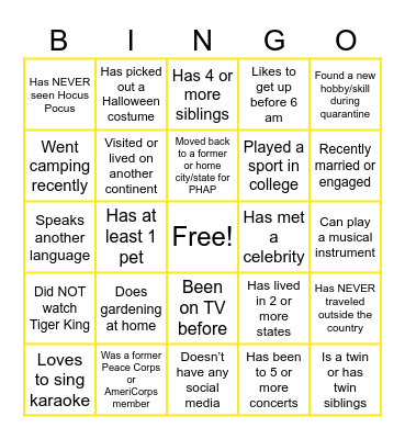 Virtual Icebreaker Bingo Card