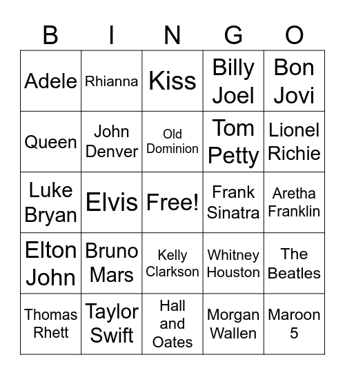 Music Artist Bingo Card