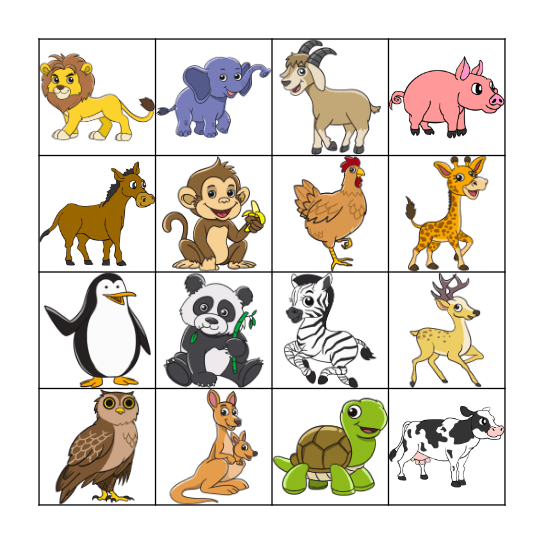 Zoo Animal Bingo Card