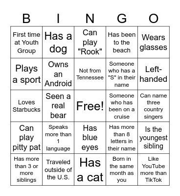 Youth Group BINGO Card