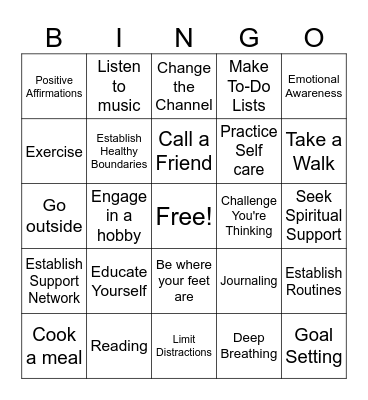 Coping Skills Bingo Card