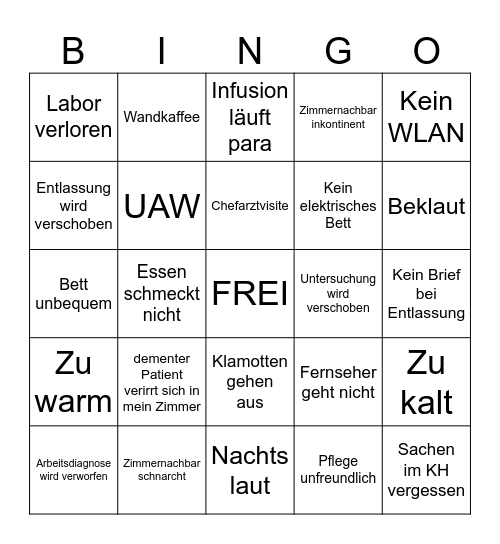 Krankenhaus Bingo Card