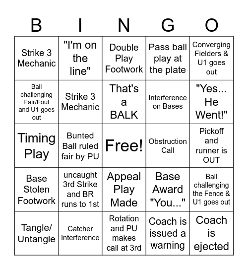 Umpire Bingo Card