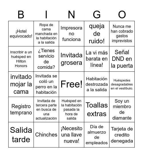 Hotel Bingo Card