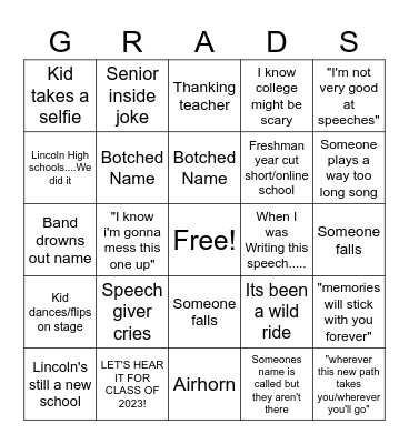 Graduation Bingo Card