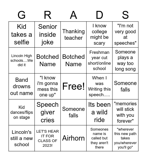 Graduation Bingo Card