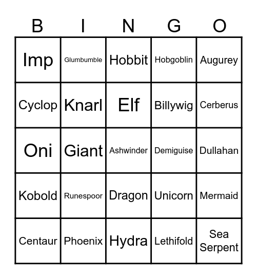 Mythological/Magical Creatures Bingo Card