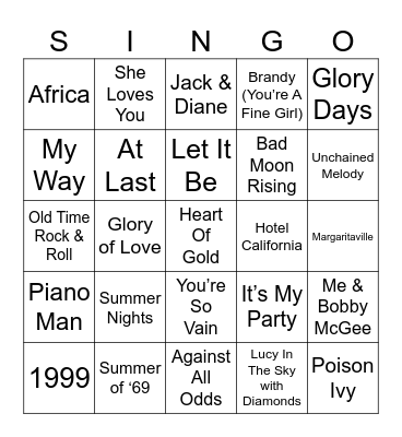 Rock & Roll #2 Bingo Card