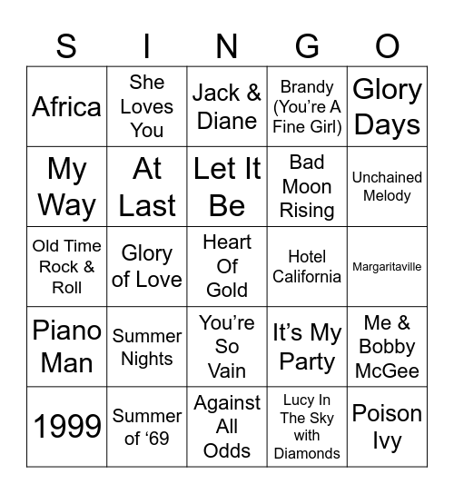 Rock & Roll #2 Bingo Card