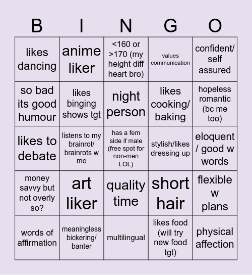 are u my type (⁠☆⁠▽⁠☆⁠) Bingo Card