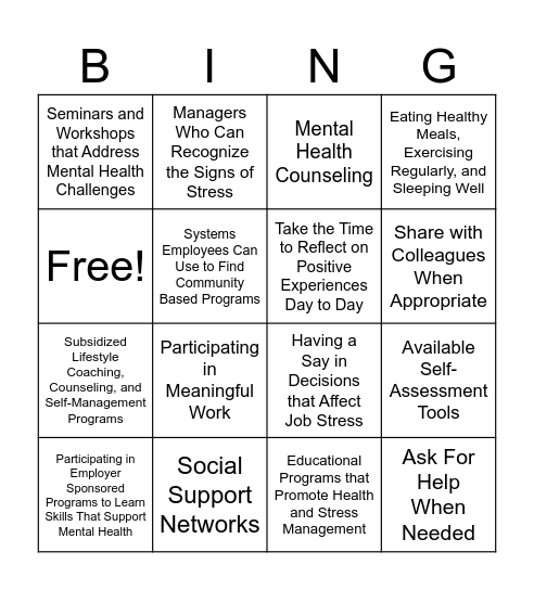 Aiding Mental Health In The Workplace Bingo Card