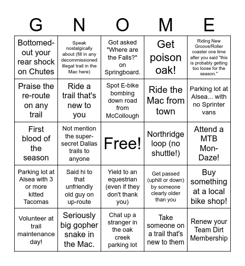 Corvallis MTBT Gnome (Bingo) Bingo Card