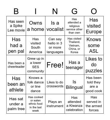 Cultural Bingo Card
