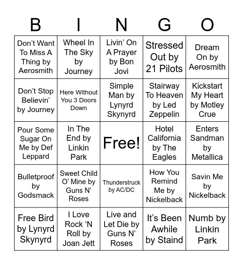 Rock Music Bingo Card