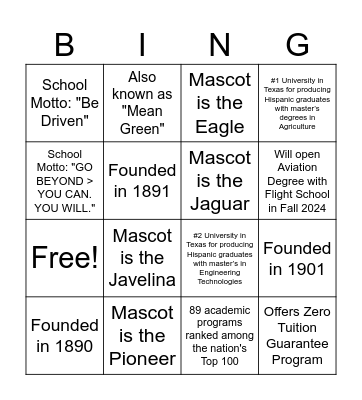 University Bingo - Find a School that Bingo Card
