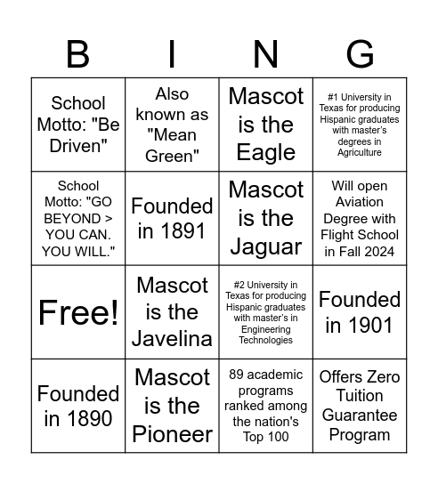 University Bingo - Find a School that Bingo Card