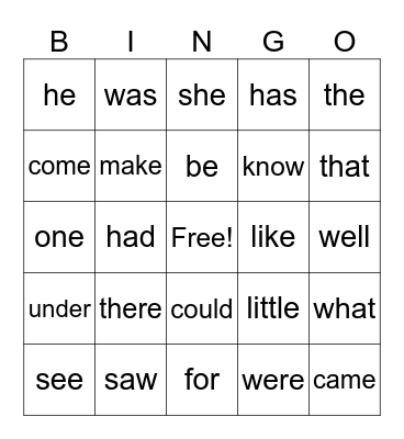 Sight Words Bingo Card