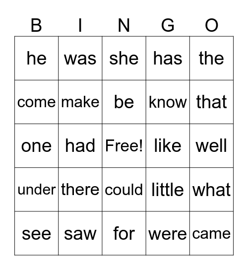 Sight Words Bingo Card