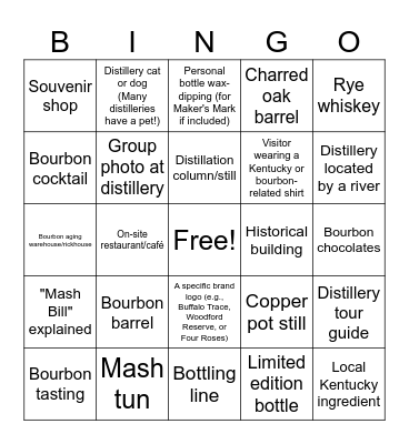 Kentucky Bourbon Trail Bingo Card