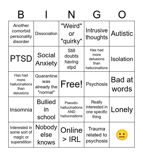 Schizotypal Bingo Card