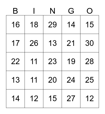 Number Bingo Card