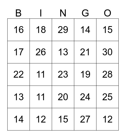 Number Bingo Card
