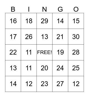 Number Bingo Card