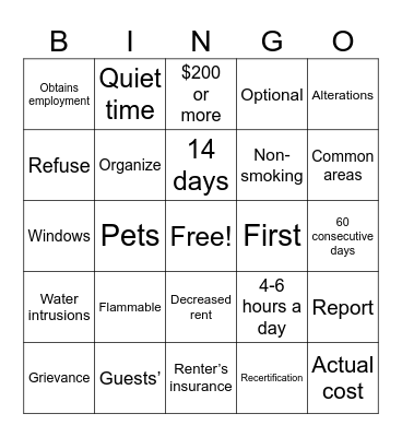 Lease Education Bingo Card