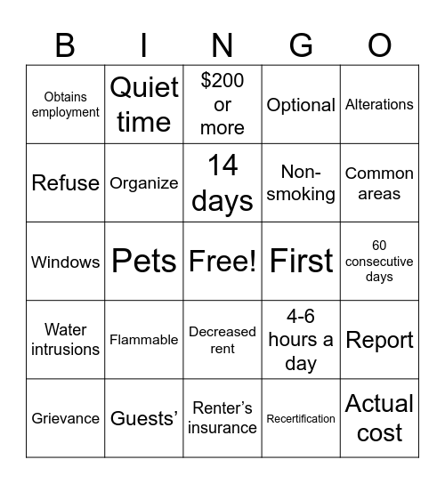 Lease Education Bingo Card