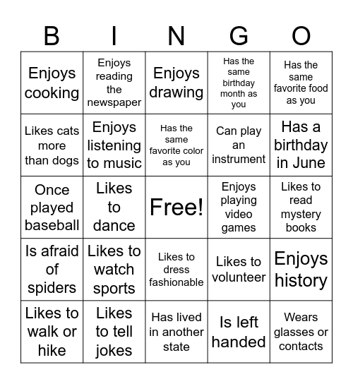 Getting to Know Each Other Bingo Card