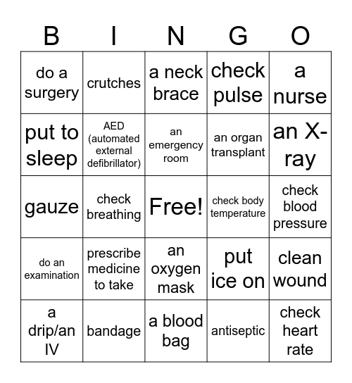 Going to the hospital Bingo Card