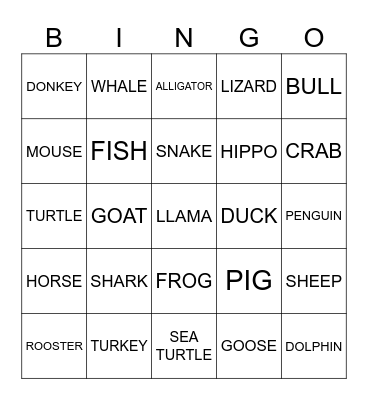 HOUSE, FARM & SEA ANIMALS Bingo Card