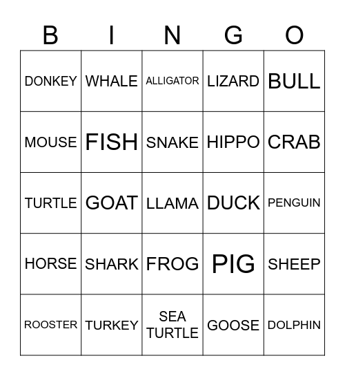 HOUSE, FARM & SEA ANIMALS Bingo Card