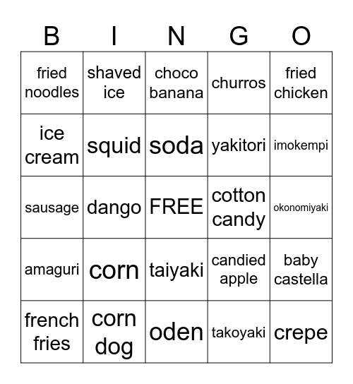 What do you want to eat at the festival? Bingo Card