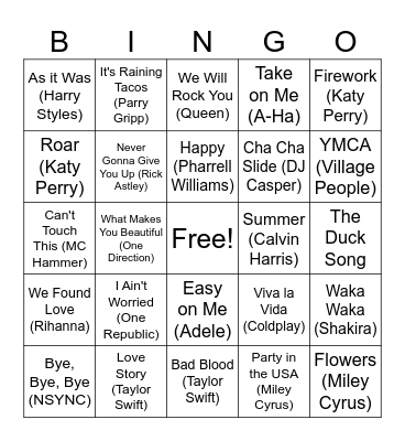 Favorite Songs BINGO! Bingo Card