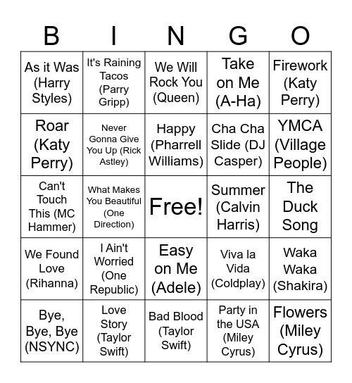 Favorite Songs BINGO! Bingo Card