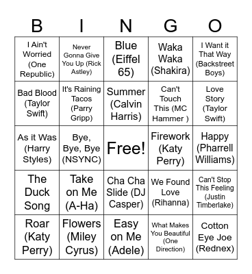 Favorite Songs BINGO! Bingo Card