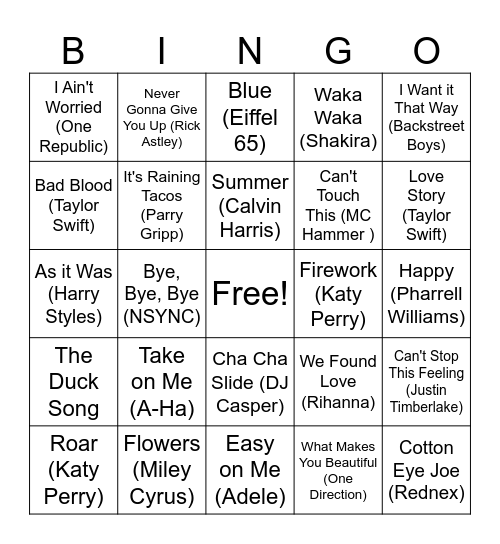 Favorite Songs BINGO! Bingo Card
