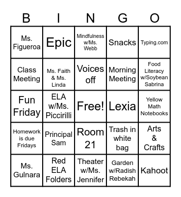 2022 - 2023 Class Bingo Card