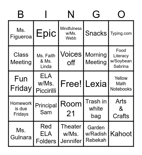 2022 - 2023 Class Bingo Card