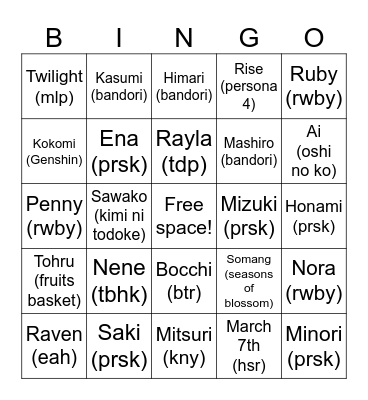 Lusia’s fav characters bingo Card
