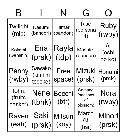 Lusia’s fav characters bingo Card