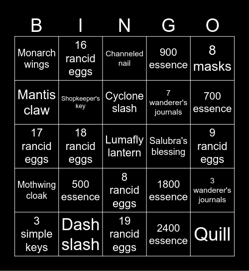 Hollow Knight Bingo Card