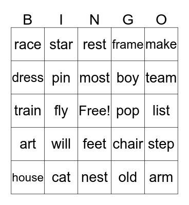 Rhyming Word Bingo Card