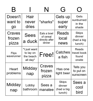 Smith family vacation Bingo Card