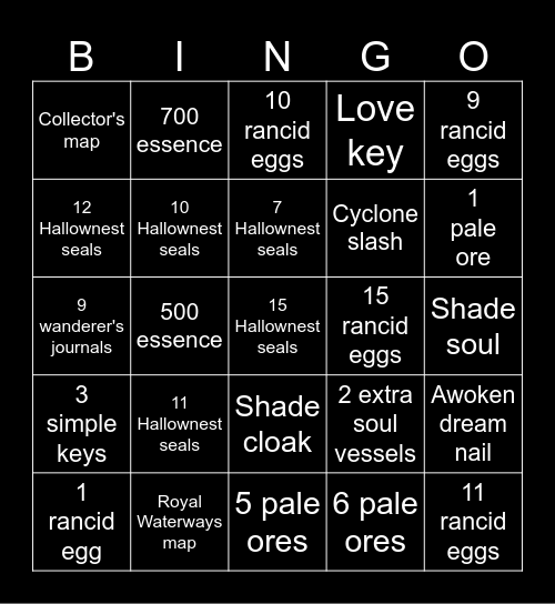 Hollow Knight Bingo Card