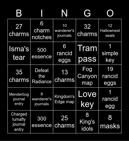 Hollow Knight Bingo Card