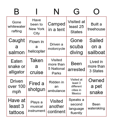 Experiences Bingo Card