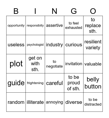 Vocabulary revision Bingo Card